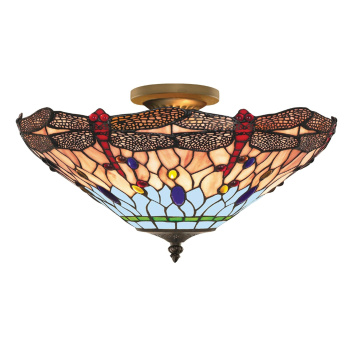 Svietidlá Searchlight - Dragonfly  Semi-Flush - Antique Brass Metal & Stained Glass | KÓD: 1289-16