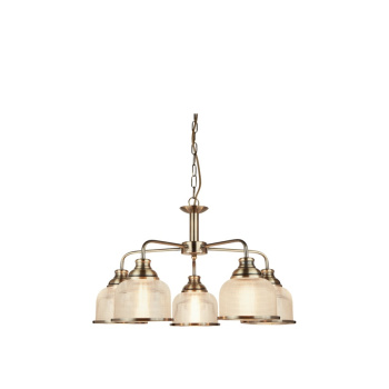Svietidlá Searchlight - Bistro II 5Lt Pendant -Antique Brass & Holophane Style Glass | KÓD: 1685-5AB