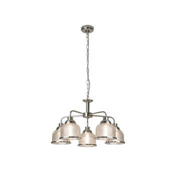 Svietidlá Searchlight - Bistro II 5Lt Pendant- Satin Silver & Holophane Style Glass | KÓD: 1685-5SS