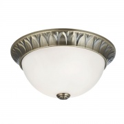 FLUSH - 2LT FLUSH, ANTIQUE BRASS, RIDGE DETAILED TRIM WITH FROSTED GLASS SHADE DIA 28CM