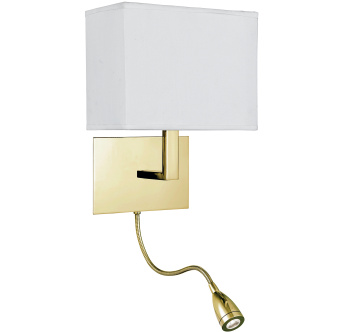 Svietidlá Searchlight - Hotel Wall Light- Satin Brass Metal & White Fabric Shade | KÓD: 6519SB