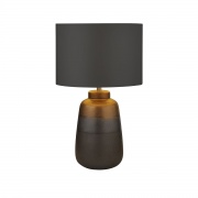 SMOKED RIDGED COLUMN GLASS TABLE LAMP WITH GREY DRUM SHADE